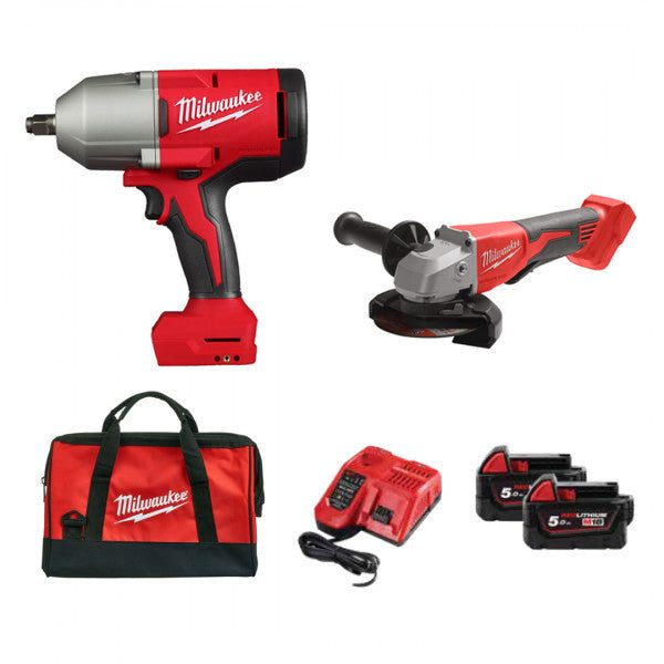 M18 ½ Inch Impact Wrench , 115 Mil Angle Grinder , 2 BY 5 amp batteries , 1 Fast charger all in a Milwaukee Bag