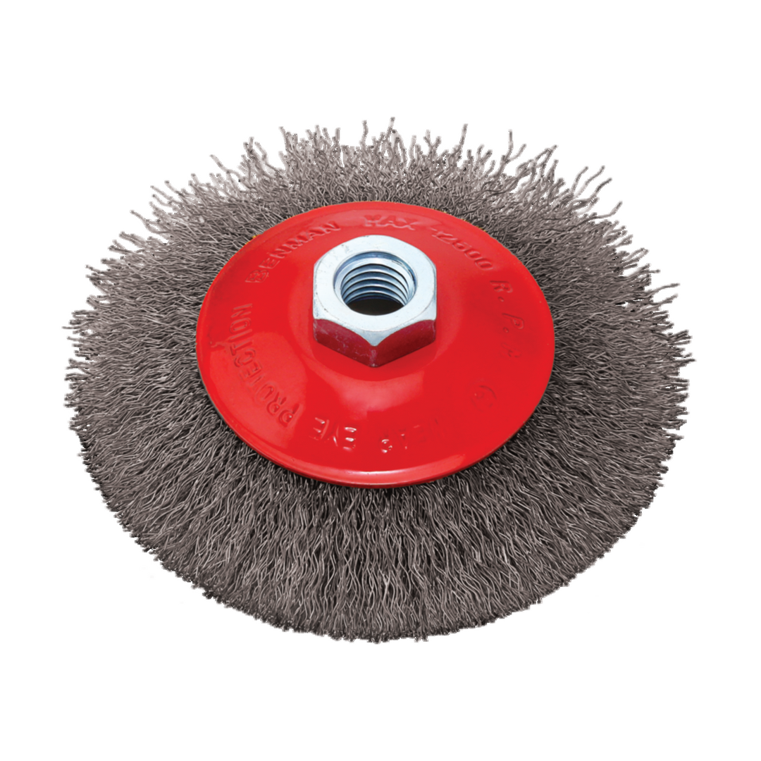 Tapered Brushes, Brass Coated Steel Wire, Crimpled Coarse 03 mm, M14*2, 125 mm