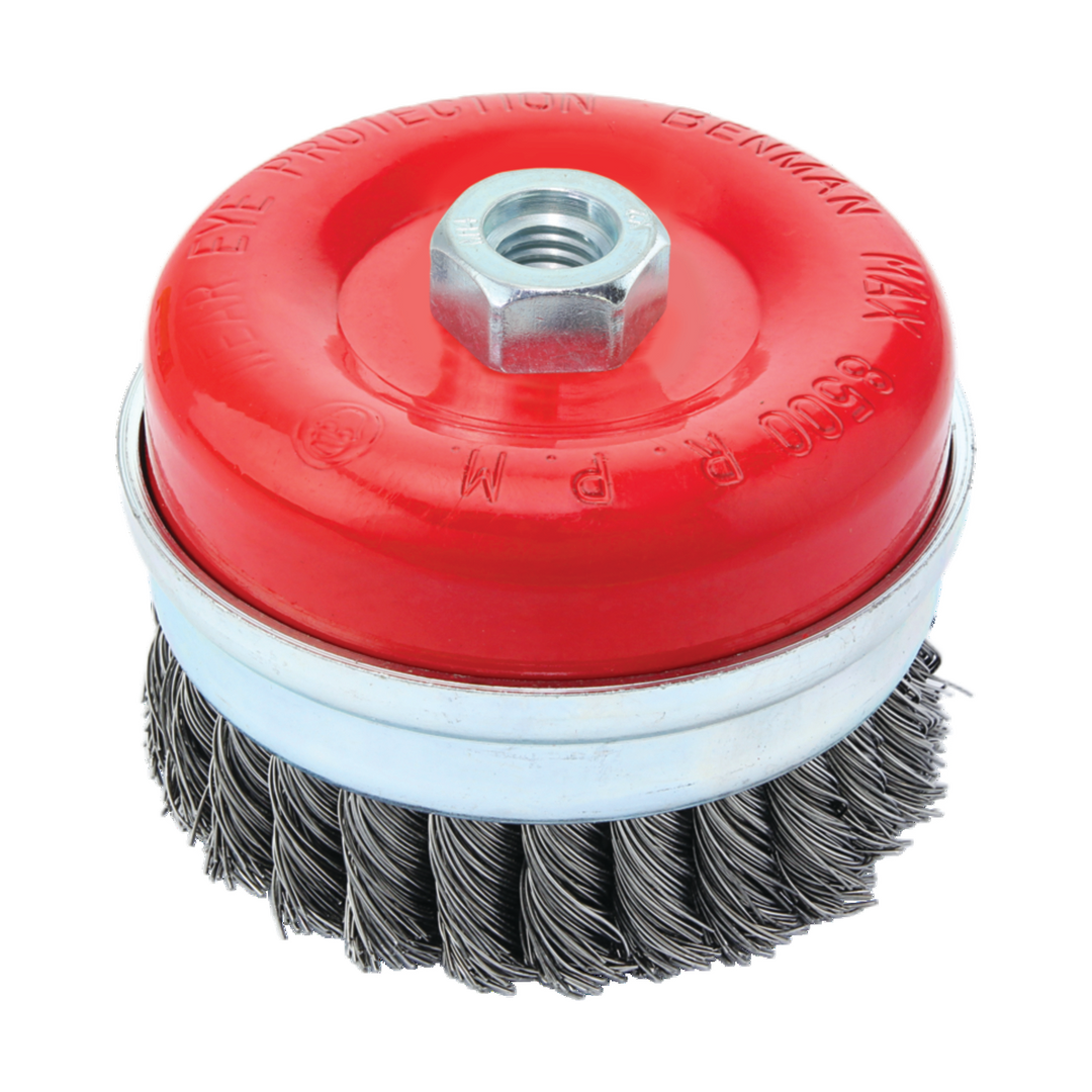 Cup Brush, Tempered Steel Wire, Knotted, Heavy Duty, M14*2.82, 80 mm
