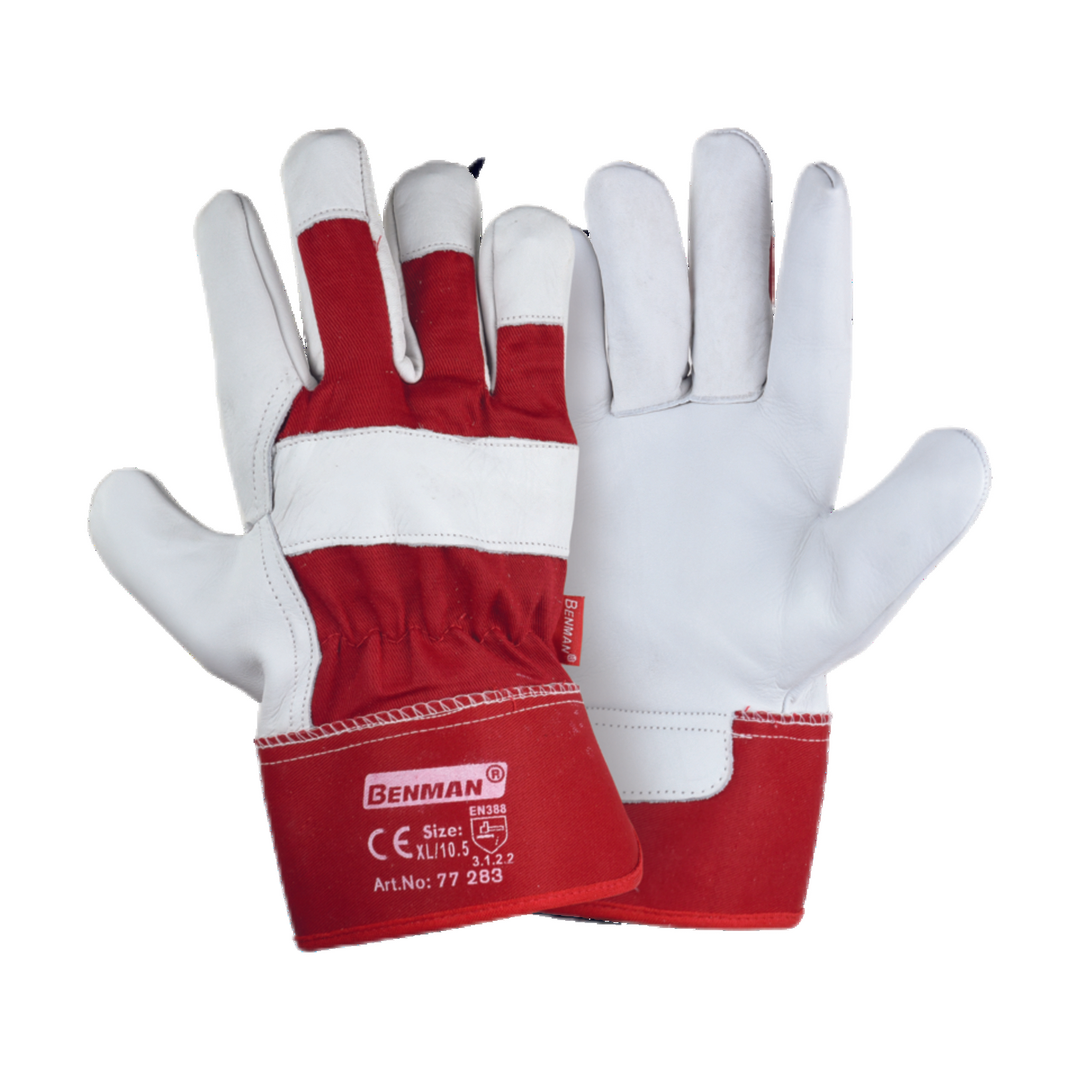 Light Yellow Pig Grain Leather Gloves, Index Finger, Fresh Red Canvas Fabric Back, Rubberized Cuff, 10.5''