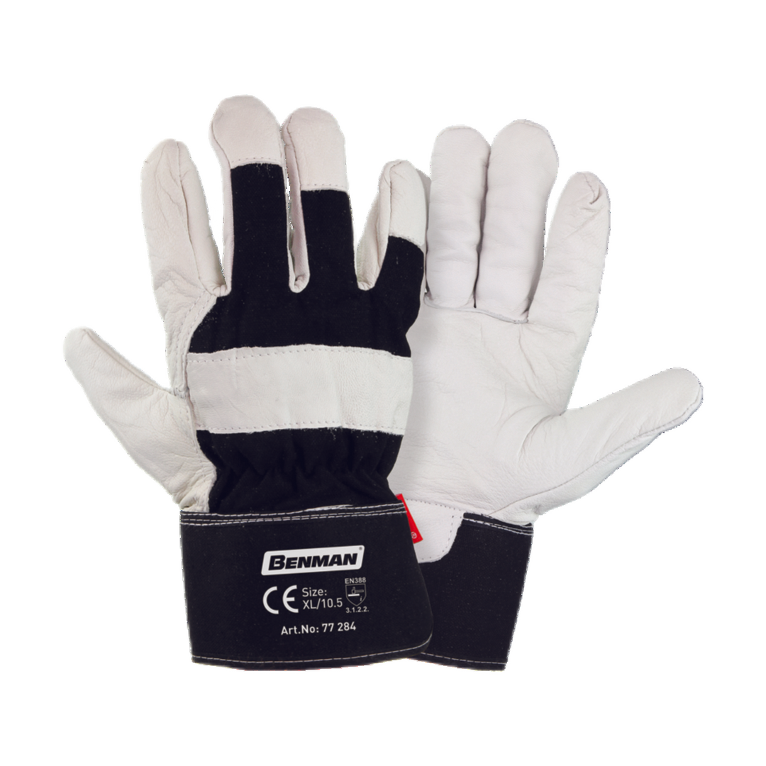 Gloves, Natural Goat Skin Leather Palm, Super Black Cotton Fabric, Rubberized Cuff, 10''