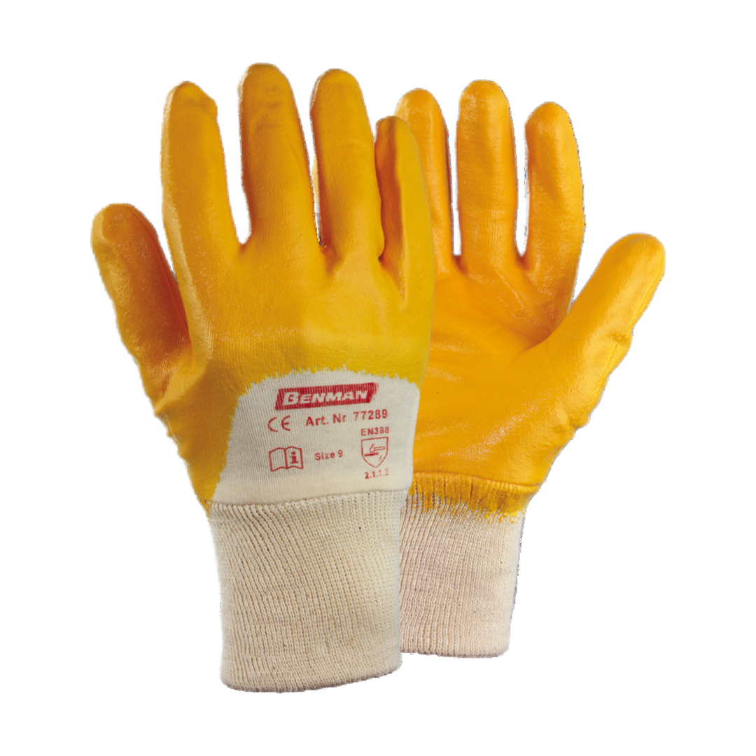 Yellow Nitrile (Nbr) Coated Gloves, Interlock Lining Knitted Wrist, Grade A, 9''/L