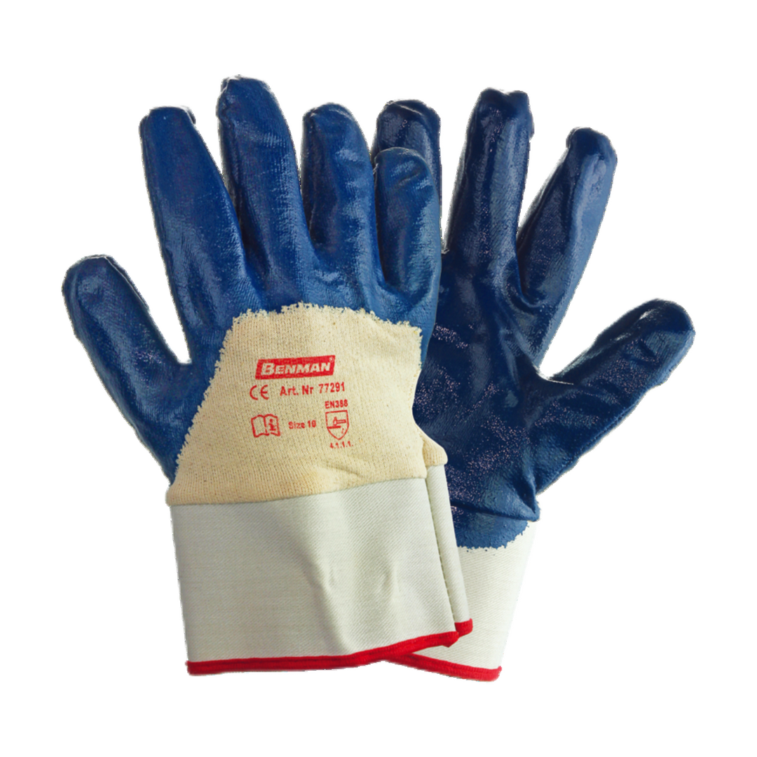 Blue Nitrile (Nbr) Gloves, Half Back Coated, Jersey Linning, Safety Cuff, 10''