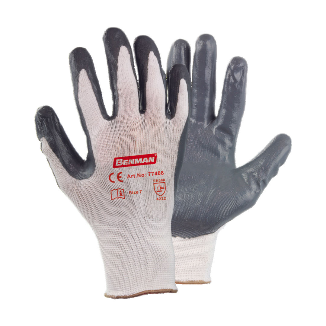 White Nylon Gloves, Knitted Lining, Grey Nitrile (Nbr) Palm Coated, 9''/L
