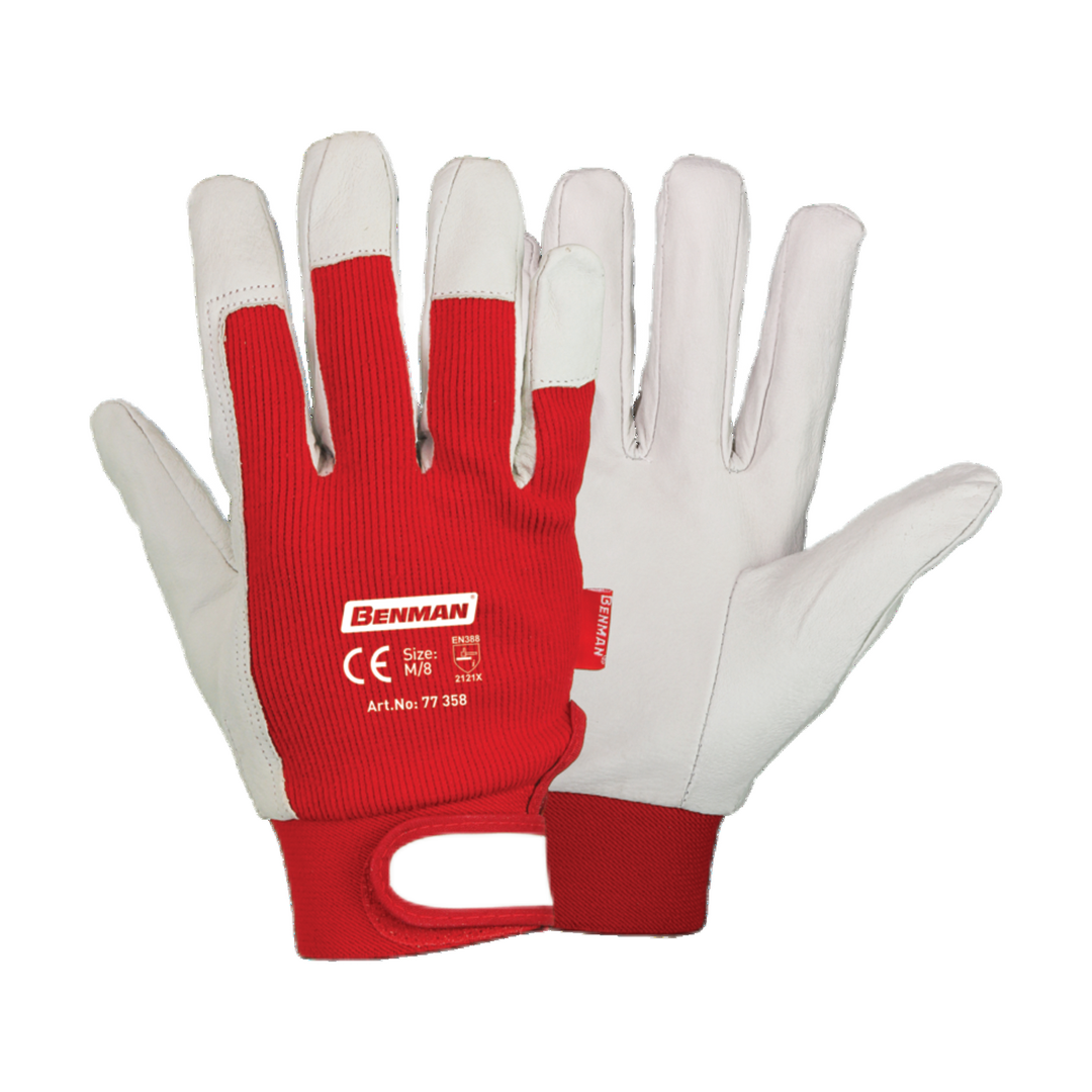 Grey Pig Skin Leather Gloves, Keystone Thumb, Red Elastic Cuff, Velcro Style, Unlined, 9''/L