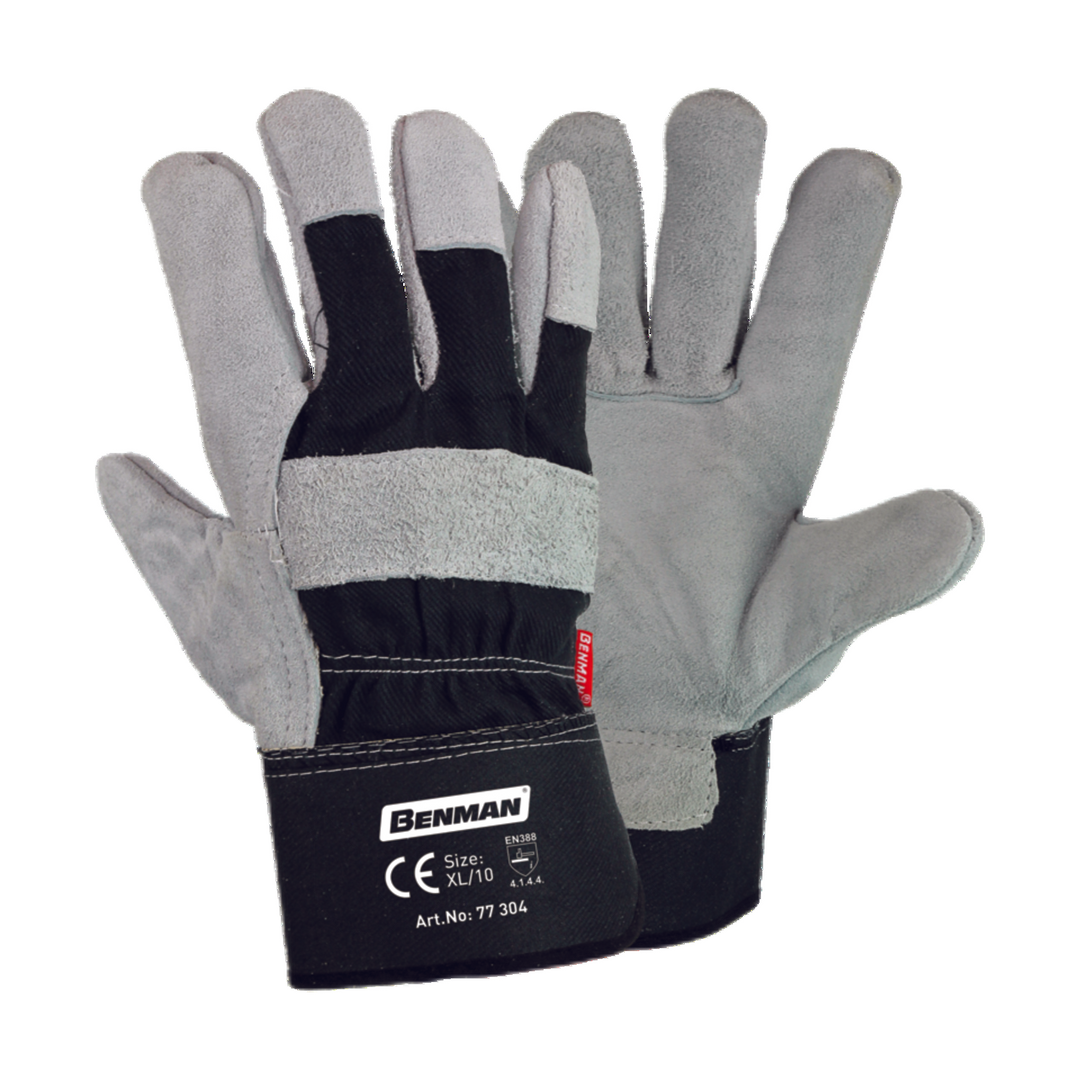 Grey Cow Split Leather Gloves, Index Finger, Dark Grey Cotton Canvas Fabric, Rubberized Cuff, 10.5''