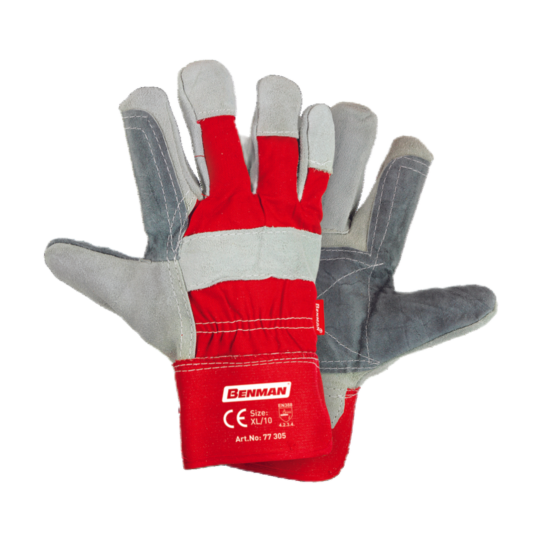Gloves, Cow Leather, Reinforced Palm, Red Fabric Back, Rubberized Cuff, 10,5''