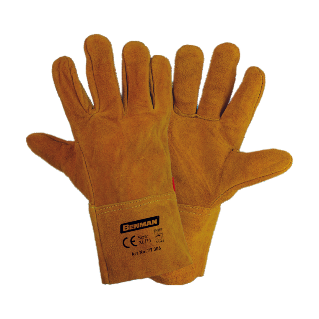 Yellow Cow Split Leather Gloves, Wing Thump, Cuff Outside Sewing, 11''