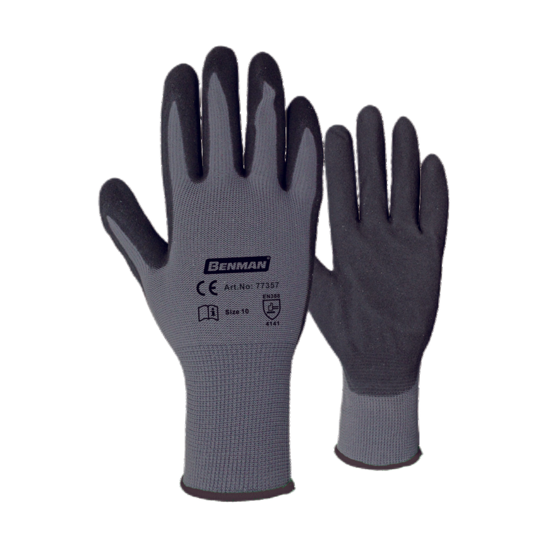 Grey Nylon Knitted Lining Gloves, Black Nitrile (Nbr), Palm Double Coated, Rough Finish, Knitted Cuff, 8''/M