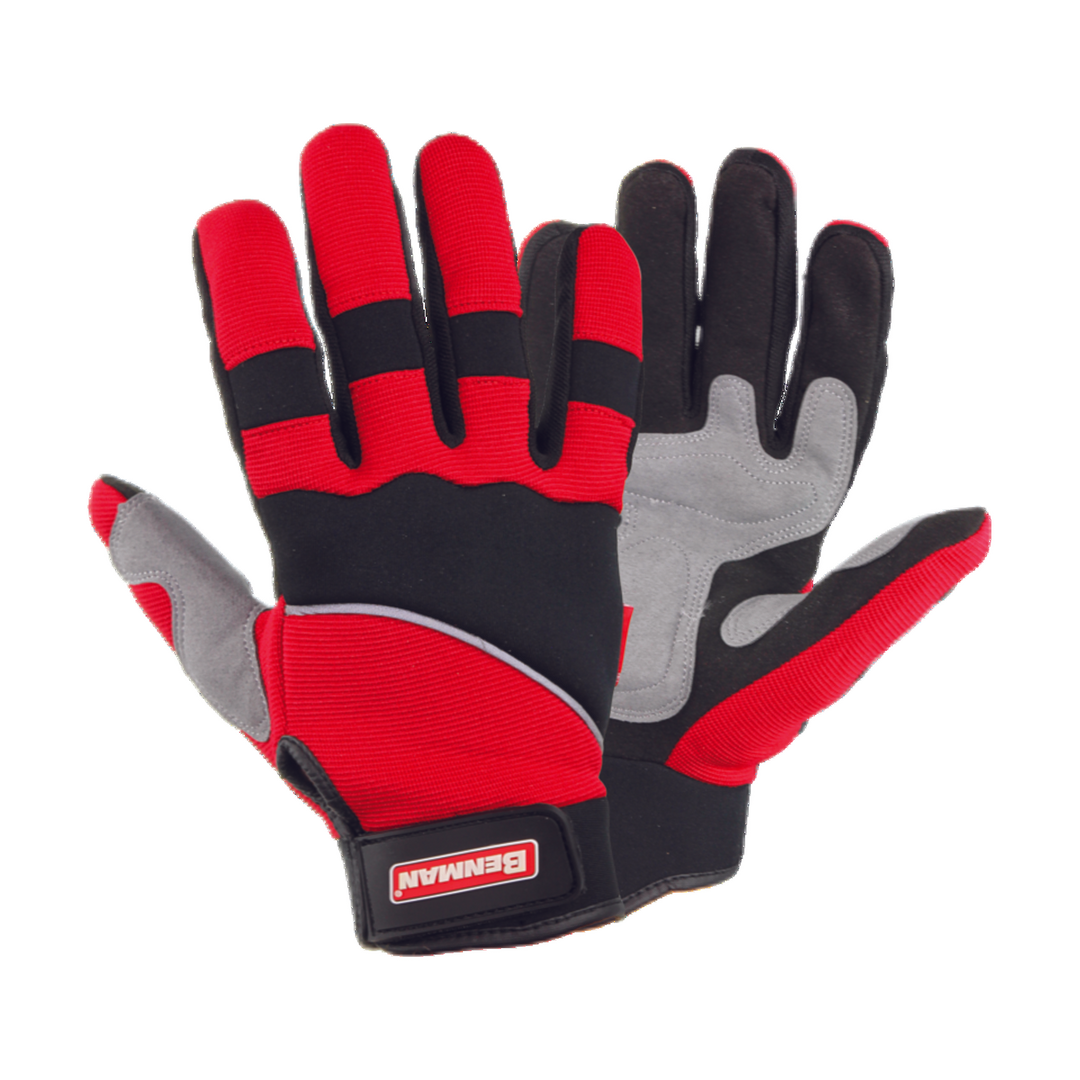 Gloves, Black Leather, Reinforced Thumb And Fore Finger, Double Palm, Velcro Adj, 8''/M