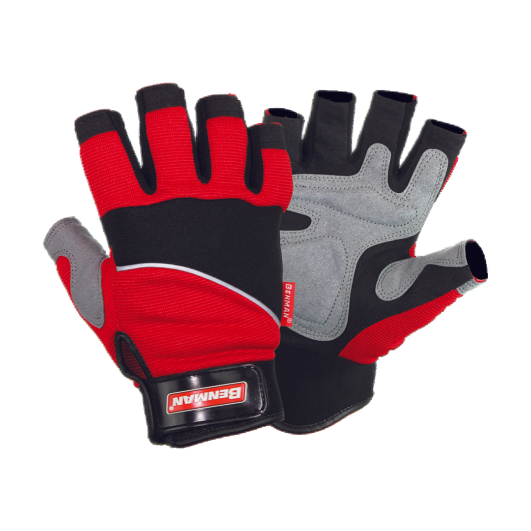 Gloves, Black Leather, Reinforced Thumb And Fore Finger, Fingerless, Double Palm, Velcro Adj, 8''/M