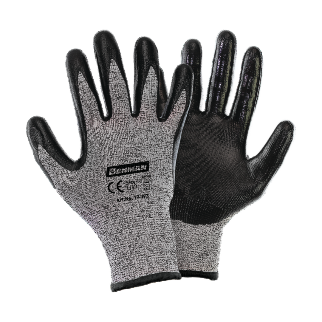 Cut Resistant Knitting Gloves, Black Nitrile Palm Coated, 9''/L