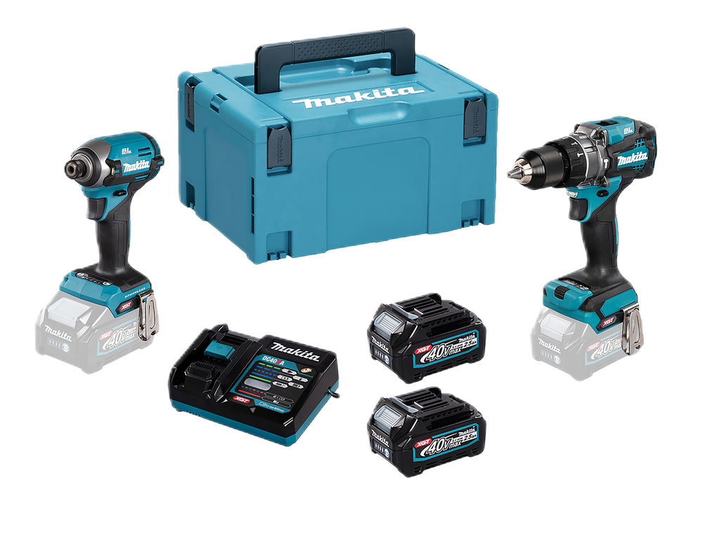 40V Max XGT Combo Kit: Combi Drill, Impact Driver, BL4025 X2, DC40RA, MAKPAC.