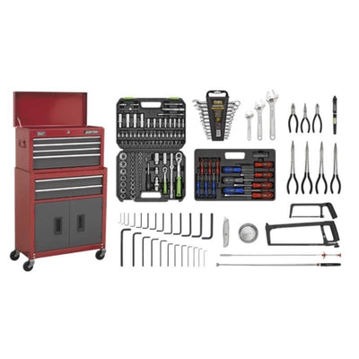 Topchest & Rollcab Combination 6 Drawer with Ball-Bearing Slides - Red/Grey & 128pc Tool Kit