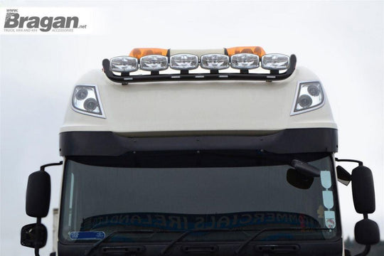 To Fit 2013+ DAF XF 106 Super Space Cab Black Roof Bar + Jumbo Spots x4 + LEDs x7 + Clear Lens Beacons x2 - Type B